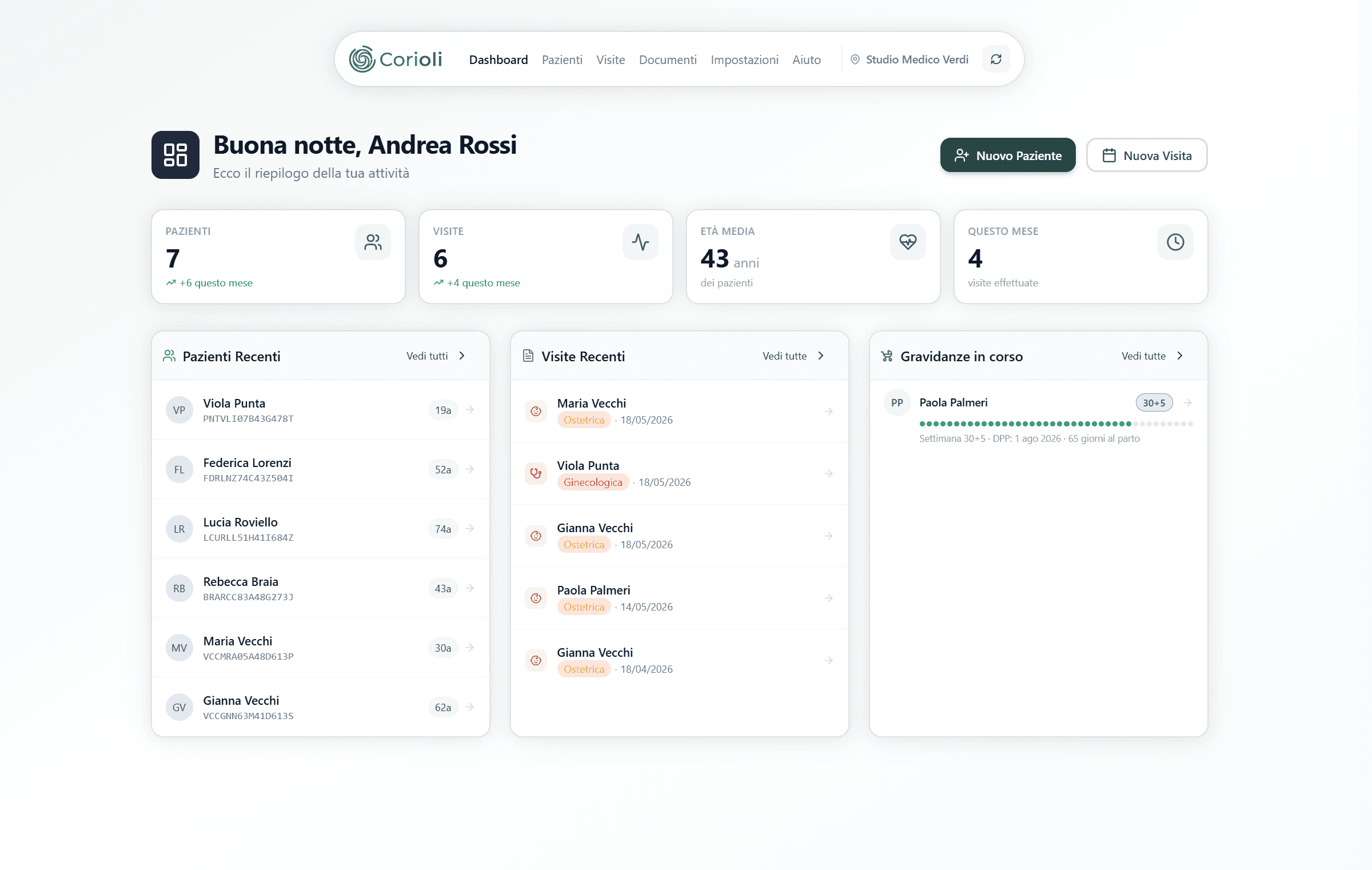 Dashboard del gestionale medico Corioli con l'elenco delle visite in programma e i pazienti recenti