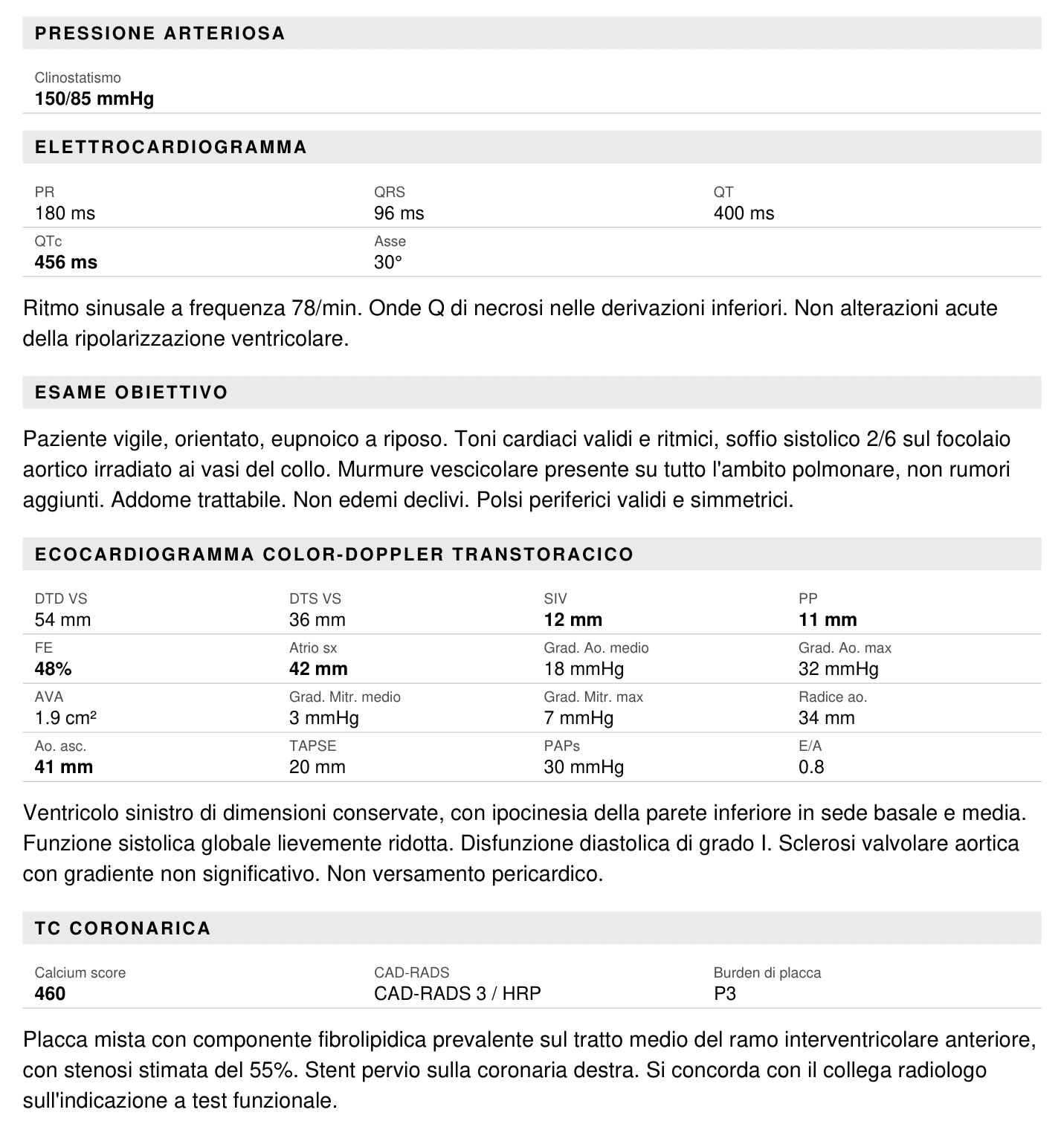 Estratto di un referto di Corioli Cardiologia: pressione arteriosa, elettrocardiogramma con QTc, esame obiettivo, ecocardiogramma in tabella e TC coronarica con calcium score, CAD-RADS e burden di placca. I valori fuori norma sono in grassetto.